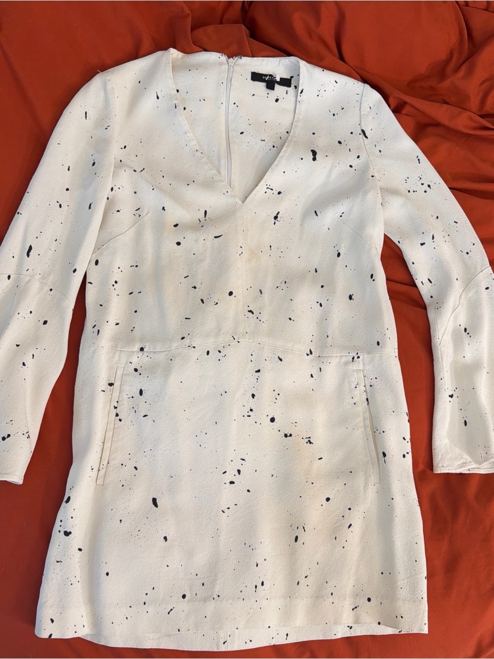 Derek Lam White V-Neck Long Sleeve Shift Dress with Black Splatter